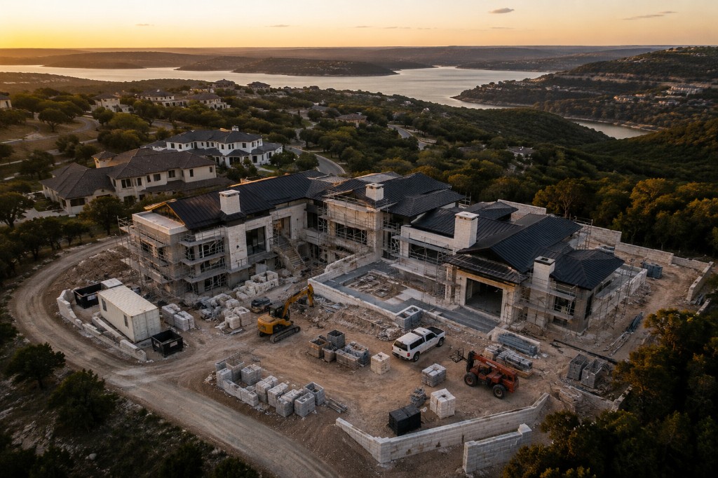 Aerial view of a large luxury home under construction on a hillside at sunset, with scaffolding, masonry, and jobsite equipment