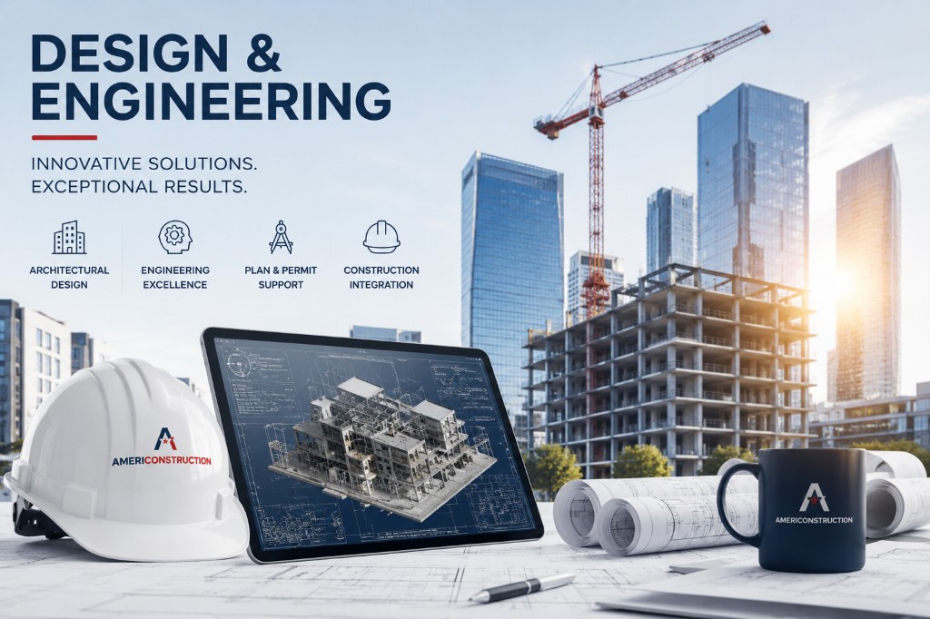 Architectural BIM model on a tablet beside a hard hat, with a commercial high-rise under construction and tower crane behind