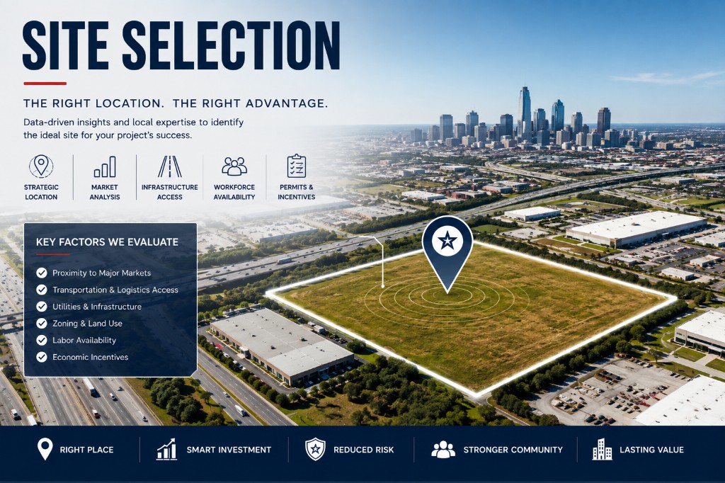 Aerial view of a marked vacant land parcel beside a highway and city skyline, with site selection evaluation criteria callouts