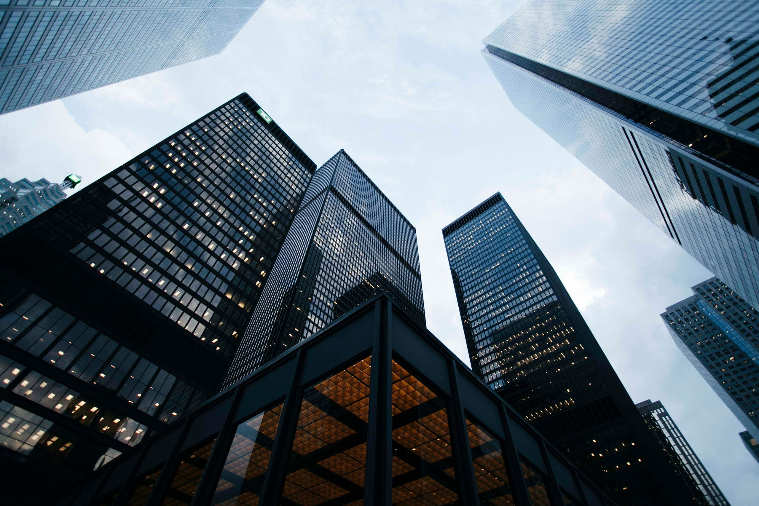 Large-scale commercial architecture at dusk
